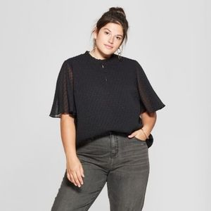 Flutter Sleeve Sheer Textures Dot Button Top